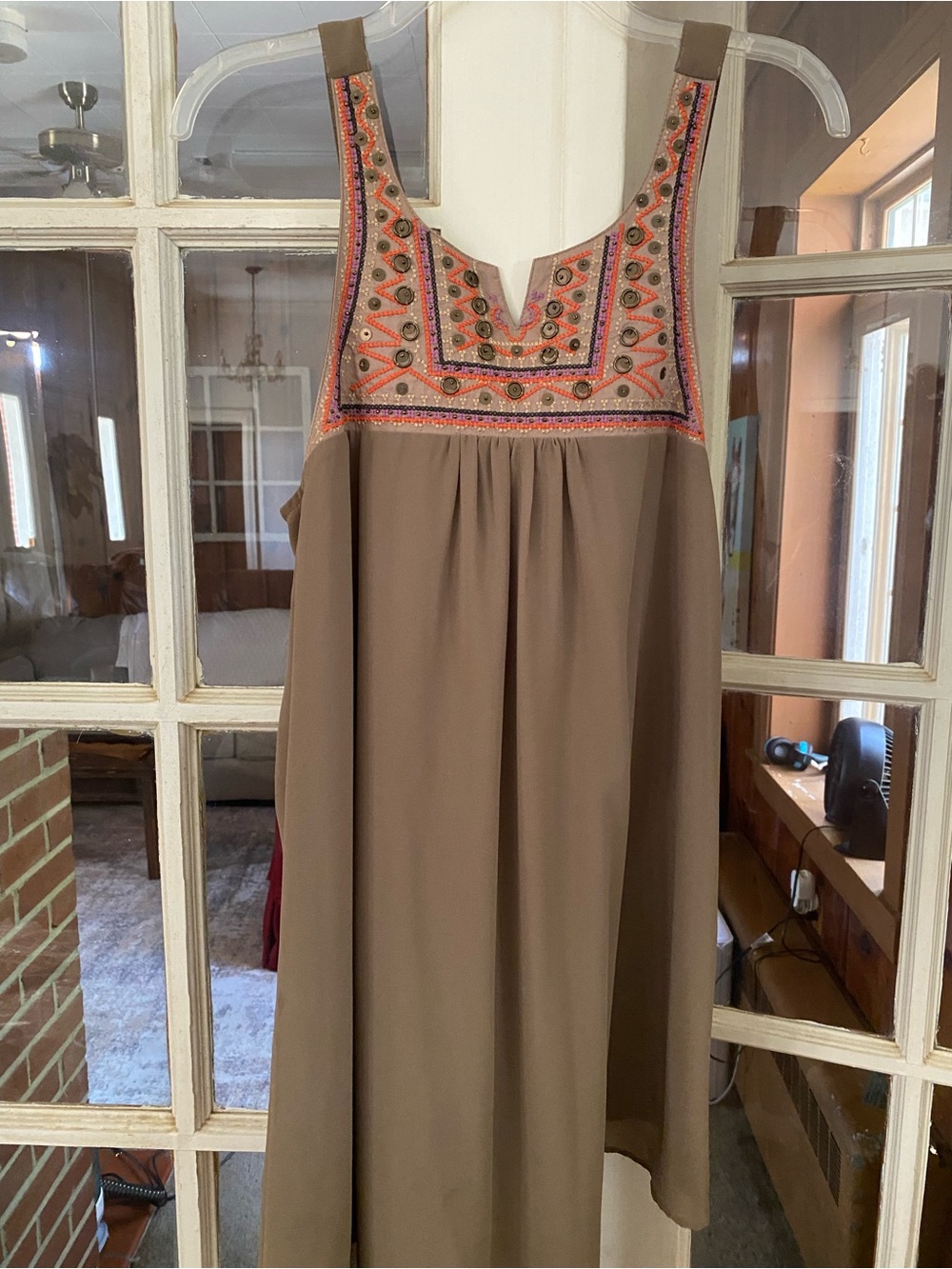 Umgee Brown Sleeveless Dress with Embroidered Yoke